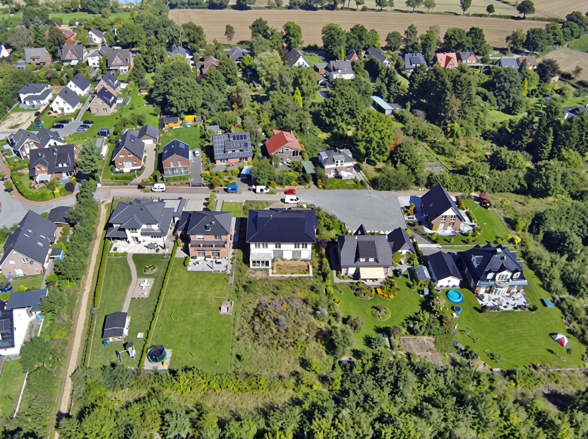 Luftbild eines Wohngebiets in Börnsen am Ortsrand mit angrenzenden Feldern