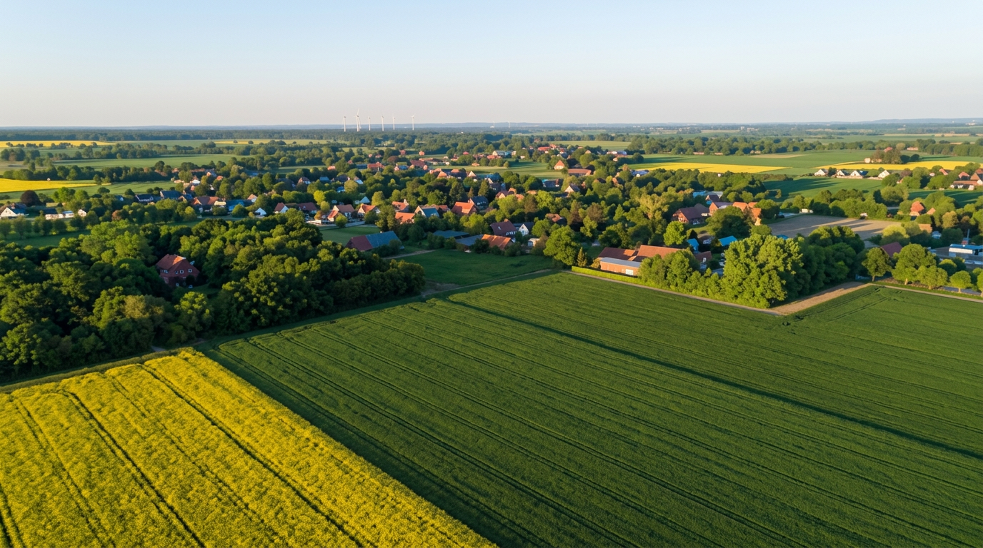 Luftbild landwirtschaftlicher Flächen am Rand einer norddeutschen Ortschaft