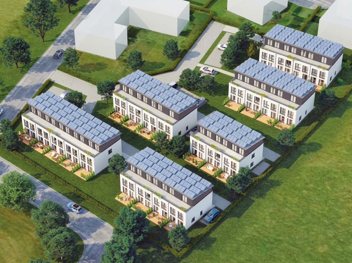 Reihenhauszeilen des Projekts Junges Wohnen 2.0 in Nahe mit energieeffizienter Dachausstattung