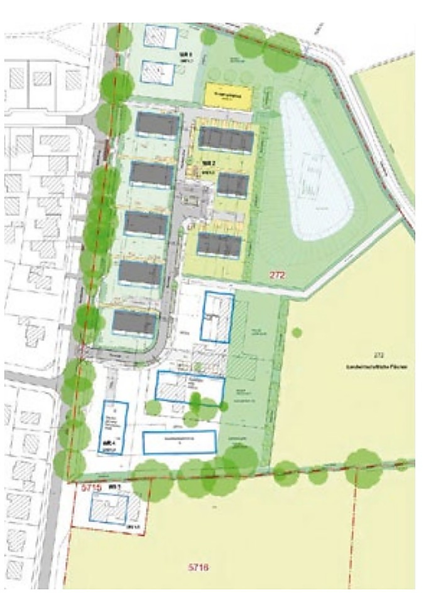 Lageplan mit Baufeldern, Straßenführung, Regenrückhaltung und Grünflächen
